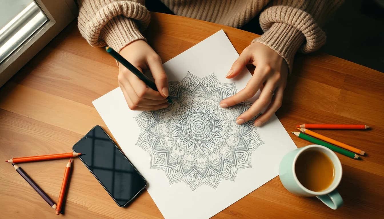 Overhead view of two hands coloring a detailed mandala with colored pencils on a warm wooden table, a smartphone lying face-down and ignored beside the page — turning a bored minute into something made by hand